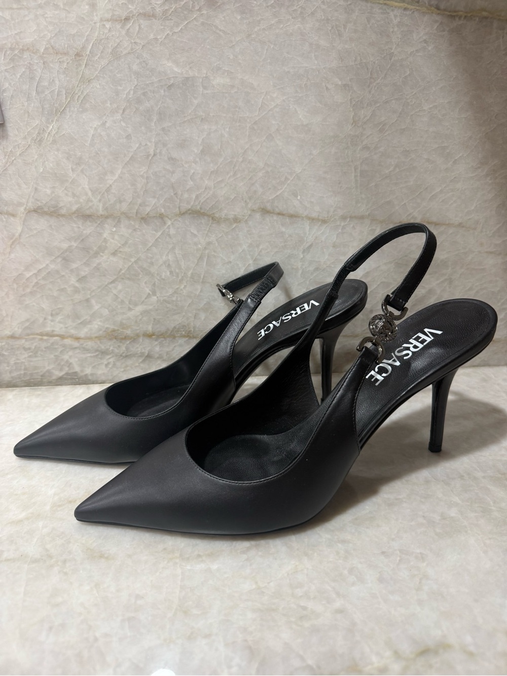 Versace Black Pointed-Toe Slingback Stiletto Pumps